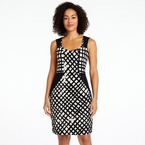 Papillon Blanc Black & Cream Abstract Print Sleeveless Sheath Dress - Size Large